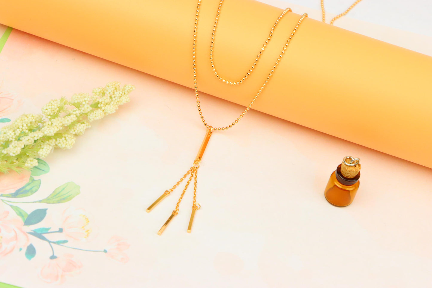 Elegant Double Layer Rose Gold Drop Pendant Necklace, XPNL1894 (2160-7)