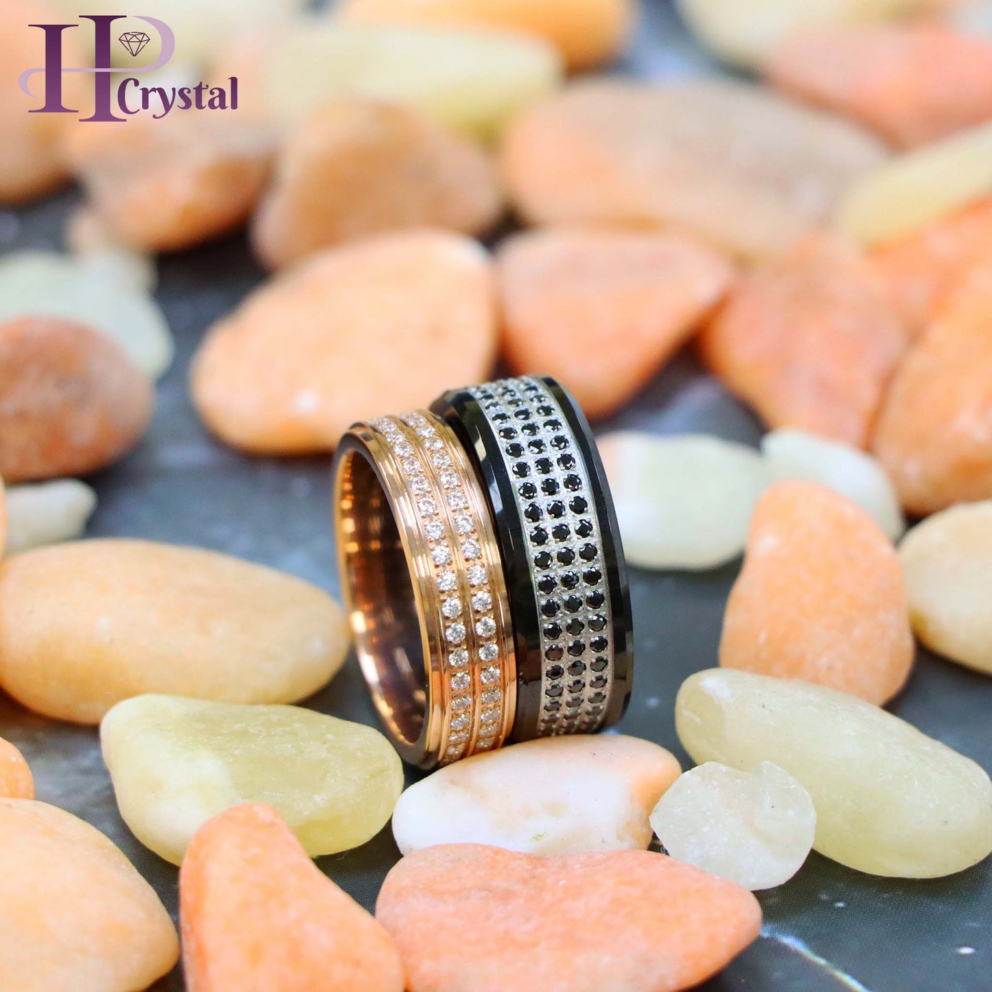 Titanium Rose Gold Eternity Ring with White CZ - Women's Jewelry | Black CZ Tungsten Eternity Ring for Men - Black IP Plated - Perfect for Weddings (MARET035)