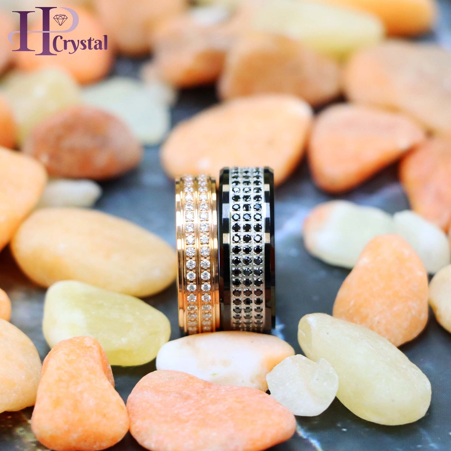 Titanium Rose Gold Eternity Ring with White CZ - Women's Jewelry | Black CZ Tungsten Eternity Ring for Men - Black IP Plated - Perfect for Weddings (MARET035)