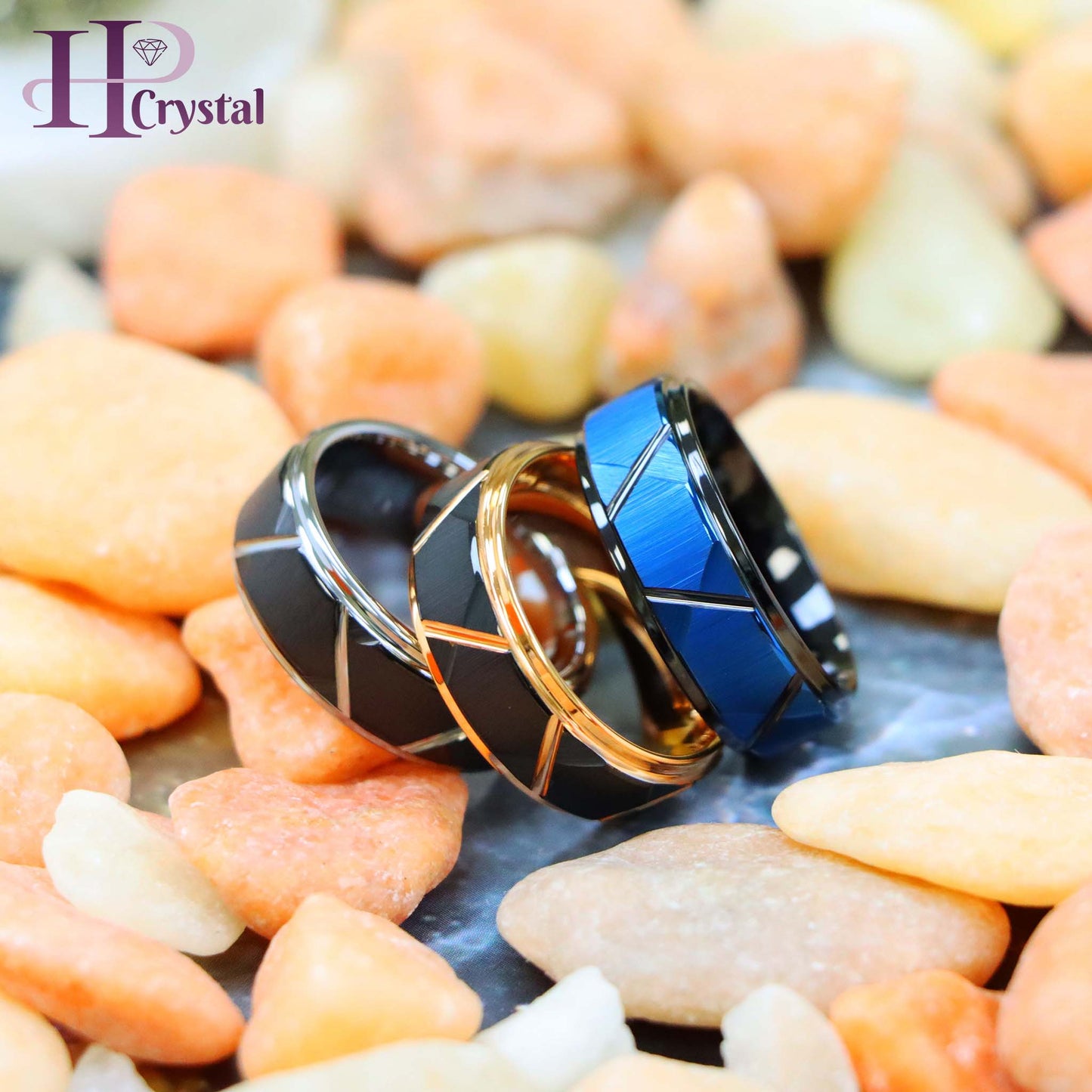 Blue & Black/Black/Rose Gold/Black/Silver IP Plated Trapezoids Stepped Edge Tungsten Ring