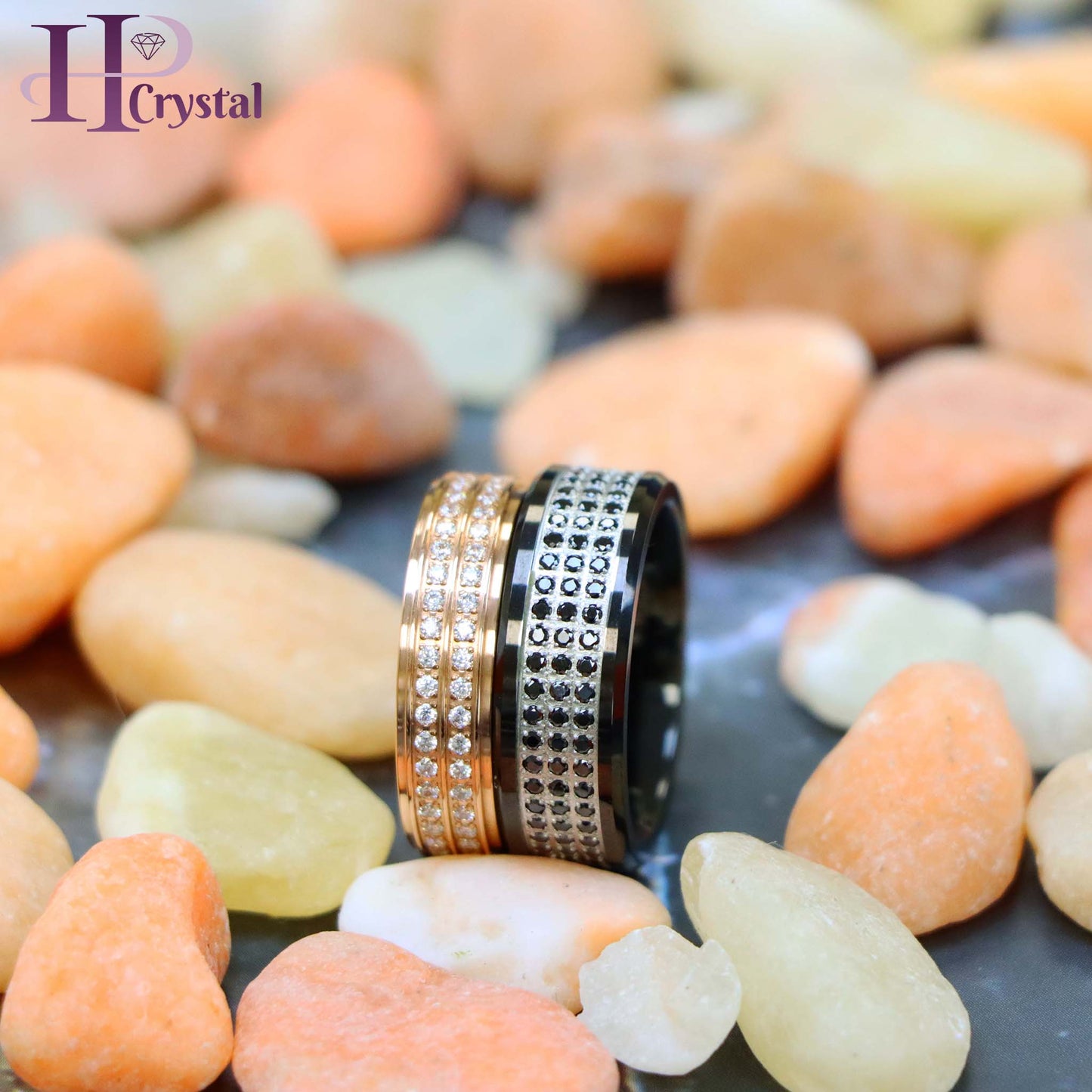 Titanium Rose Gold Eternity Ring with White CZ - Women's Jewelry | Black CZ Tungsten Eternity Ring for Men - Black IP Plated - Perfect for Weddings (MARET035)