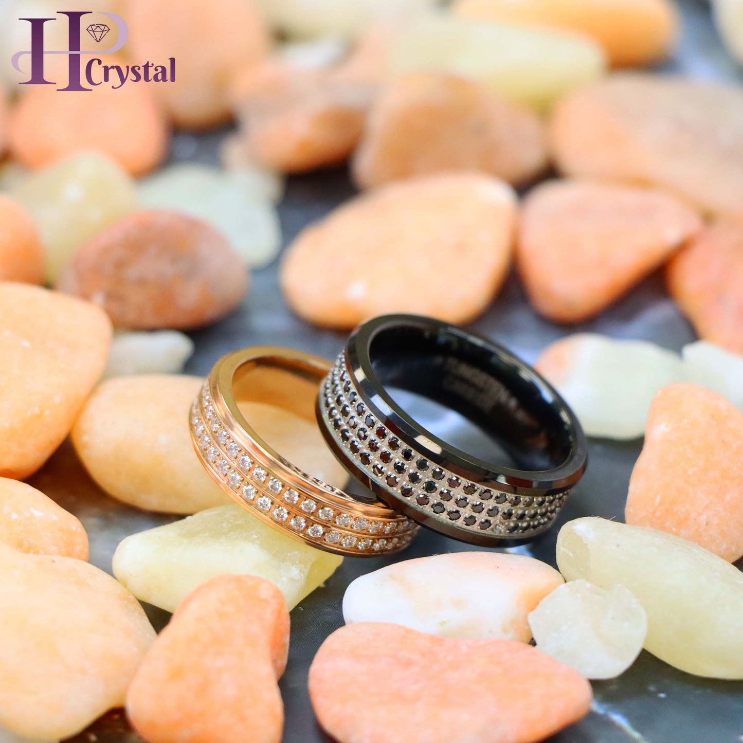 Titanium Rose Gold Eternity Ring with White CZ - Women's Jewelry | Black CZ Tungsten Eternity Ring for Men - Black IP Plated - Perfect for Weddings (MARET035)