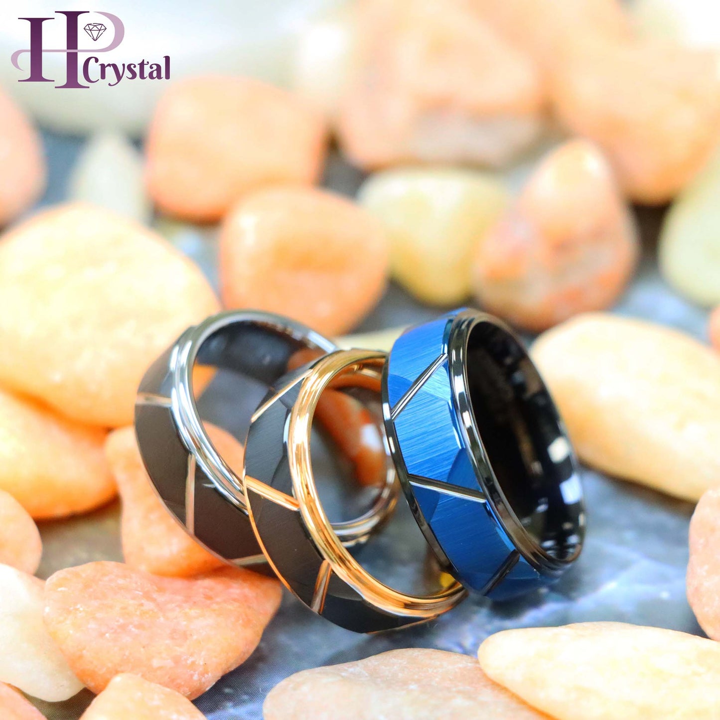 Blue & Black/Black/Rose Gold/Black/Silver IP Plated Trapezoids Stepped Edge Tungsten Ring