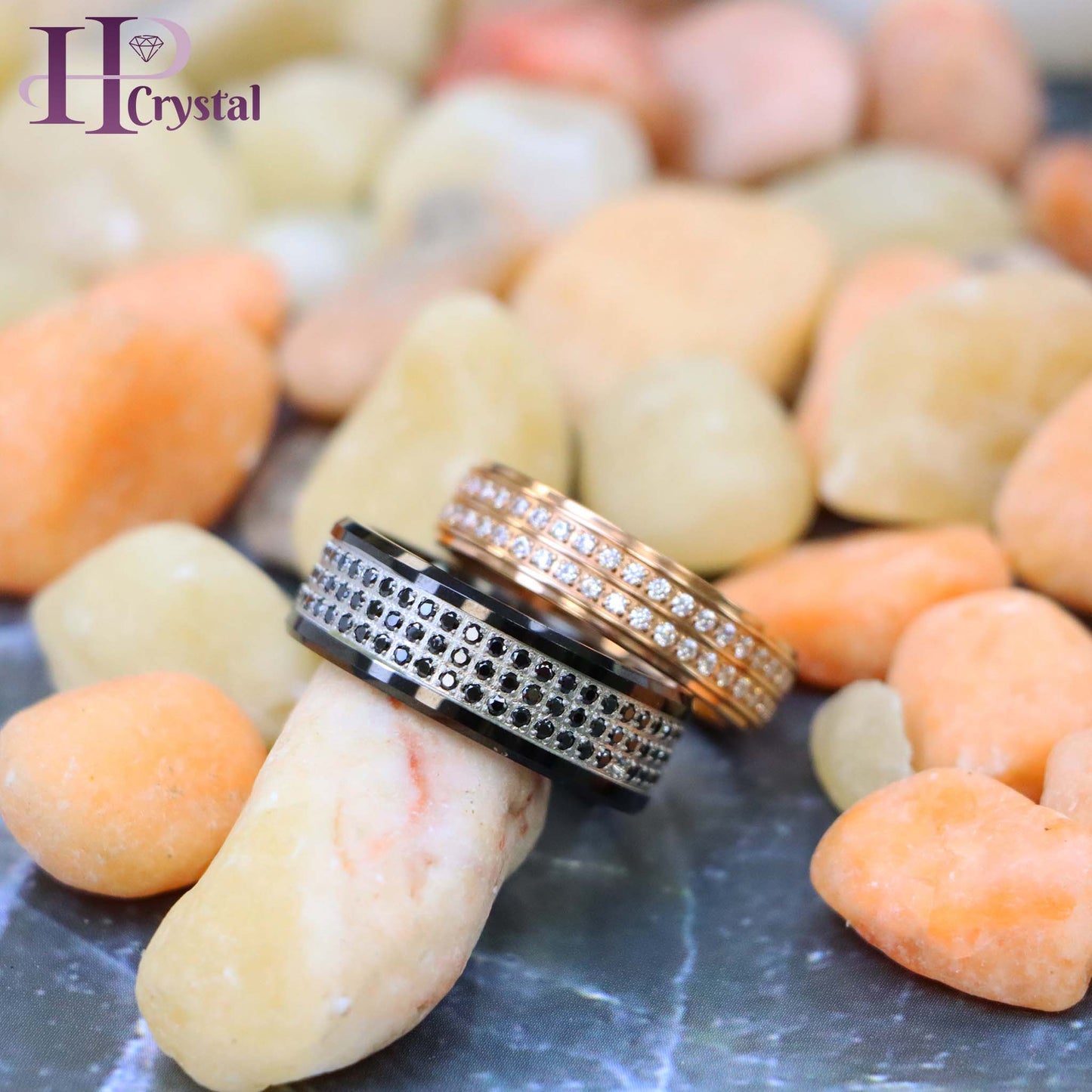 Titanium Rose Gold Eternity Ring with White CZ - Women's Jewelry | Black CZ Tungsten Eternity Ring for Men - Black IP Plated - Perfect for Weddings (MARET035)