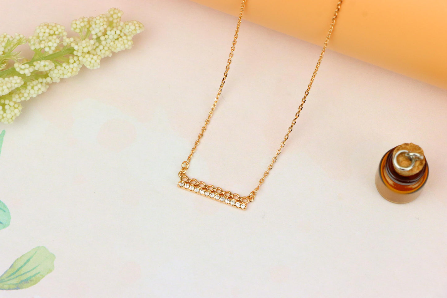 Elegant Rose Gold Bar Necklace with Geometric Crystal Accent, XPNL1895 (2160-8)