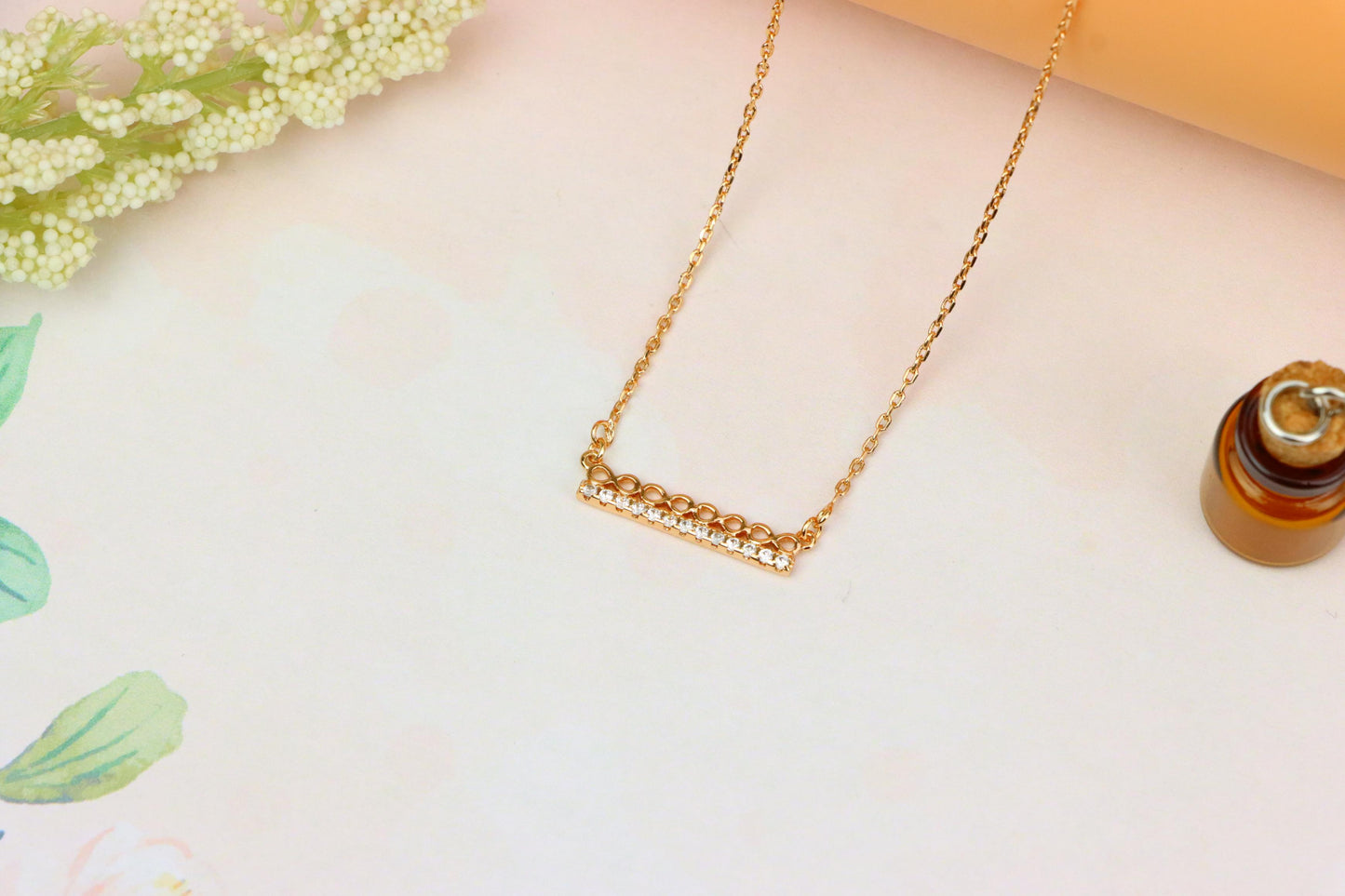 Elegant Rose Gold Bar Necklace with Geometric Crystal Accent, XPNL1895 (2160-8)