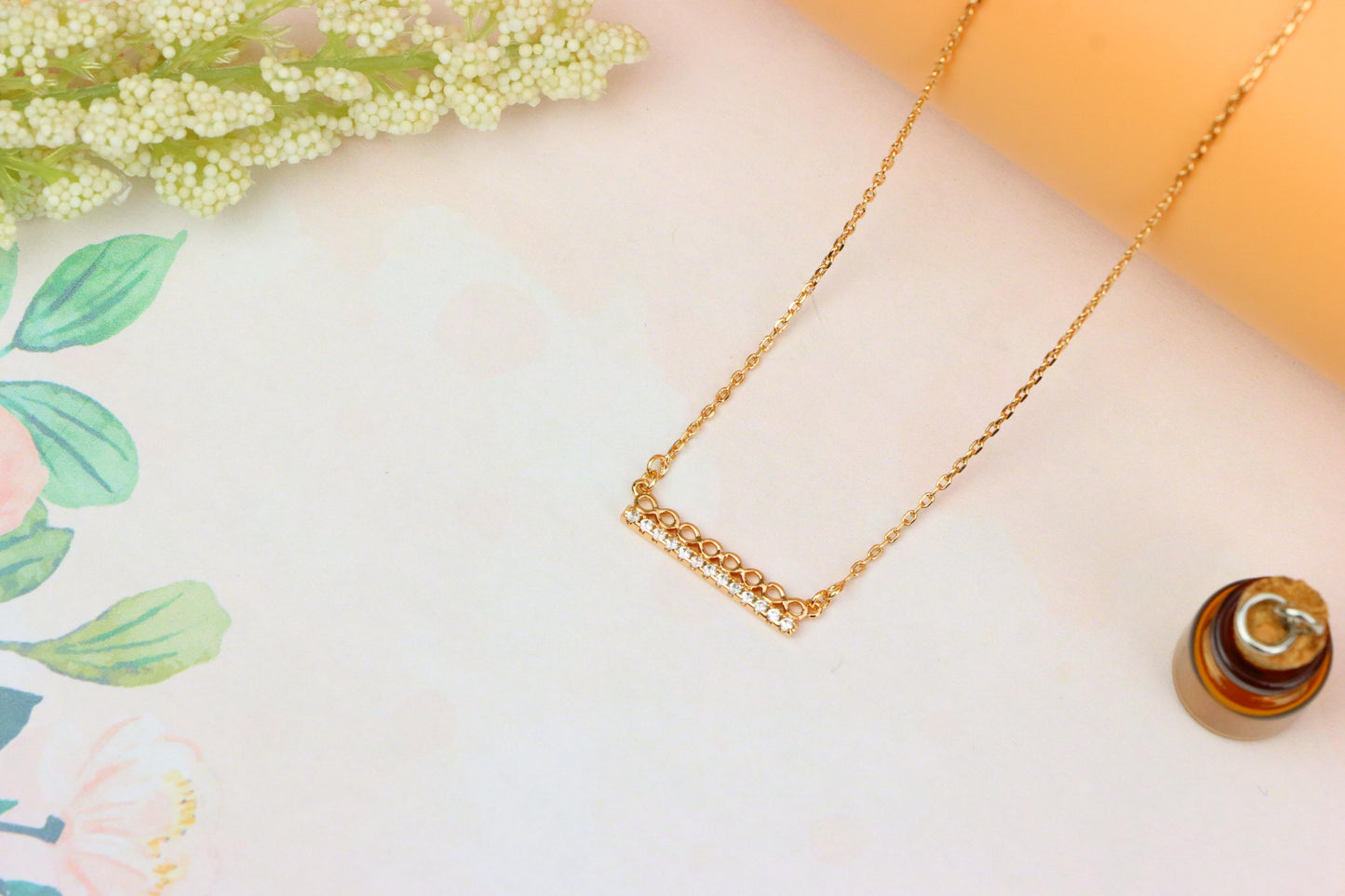 Elegant Rose Gold Bar Necklace with Geometric Crystal Accent, XPNL1895 (2160-8)