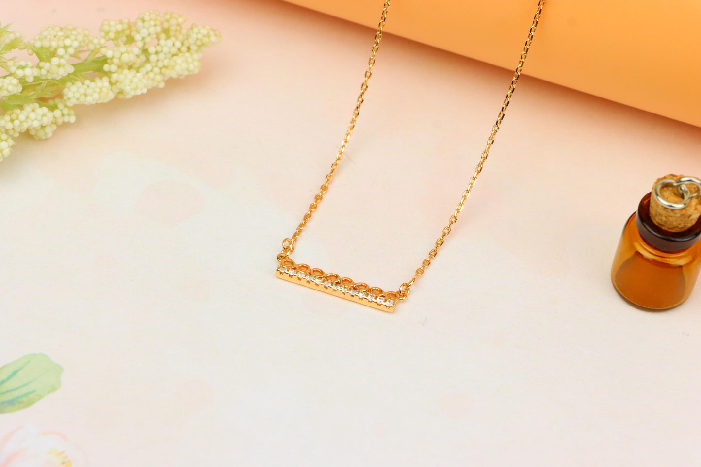 Elegant Rose Gold Bar Necklace with Geometric Crystal Accent, XPNL1895 (2160-8)
