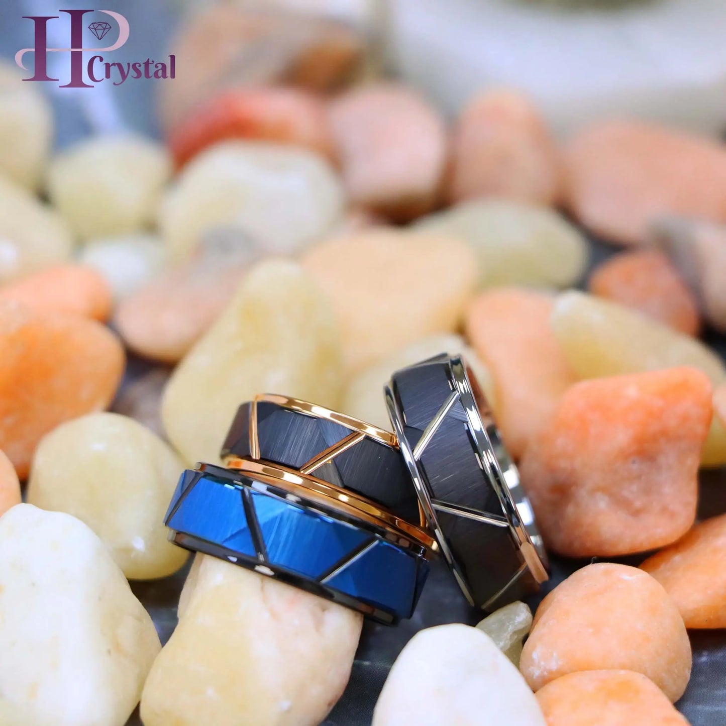 Blue & Black/Black/Rose Gold/Black/Silver IP Plated Trapezoids Stepped Edge Tungsten Ring