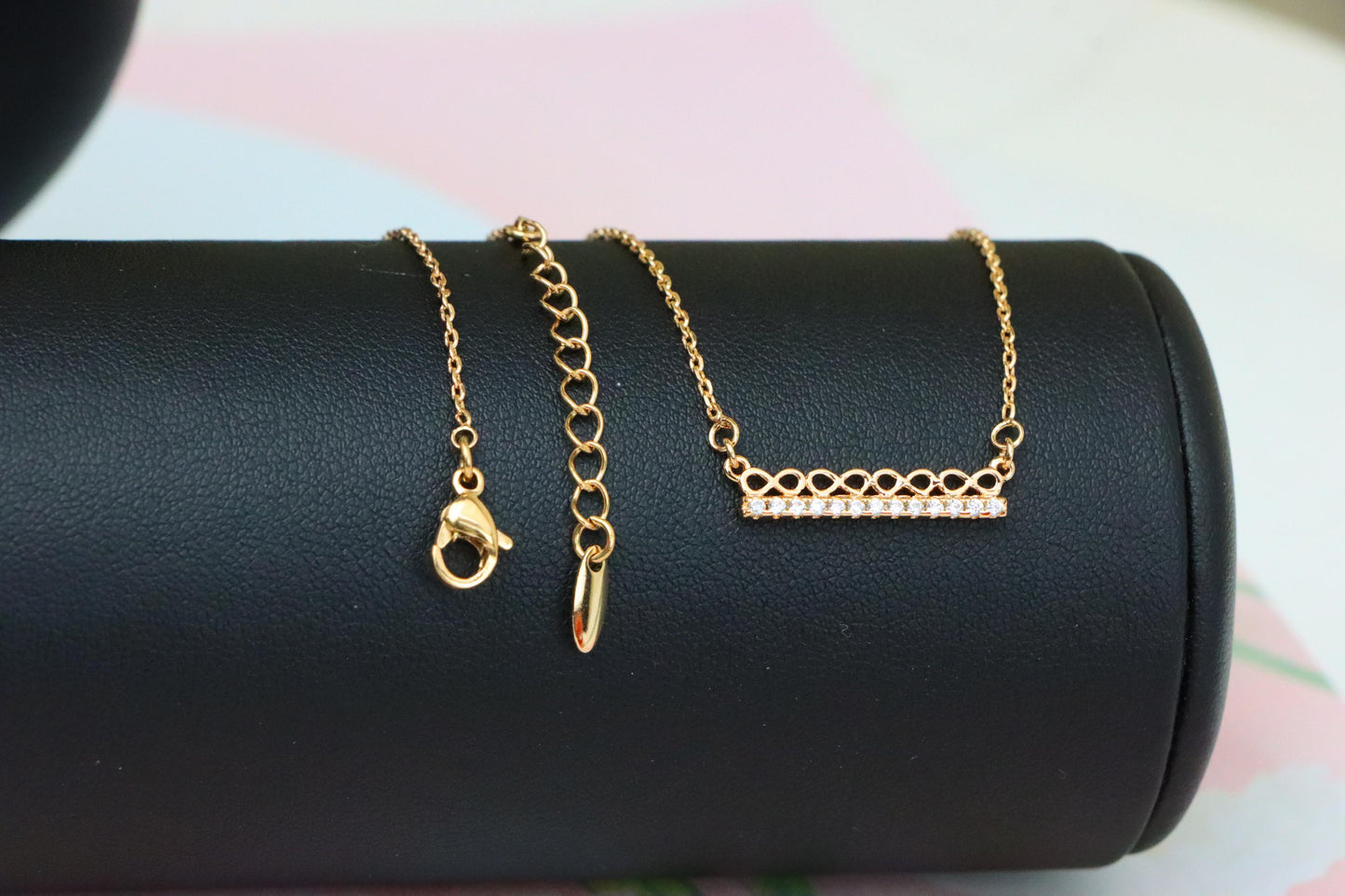 Elegant Rose Gold Bar Necklace with Geometric Crystal Accent, XPNL1895 (2160-8)