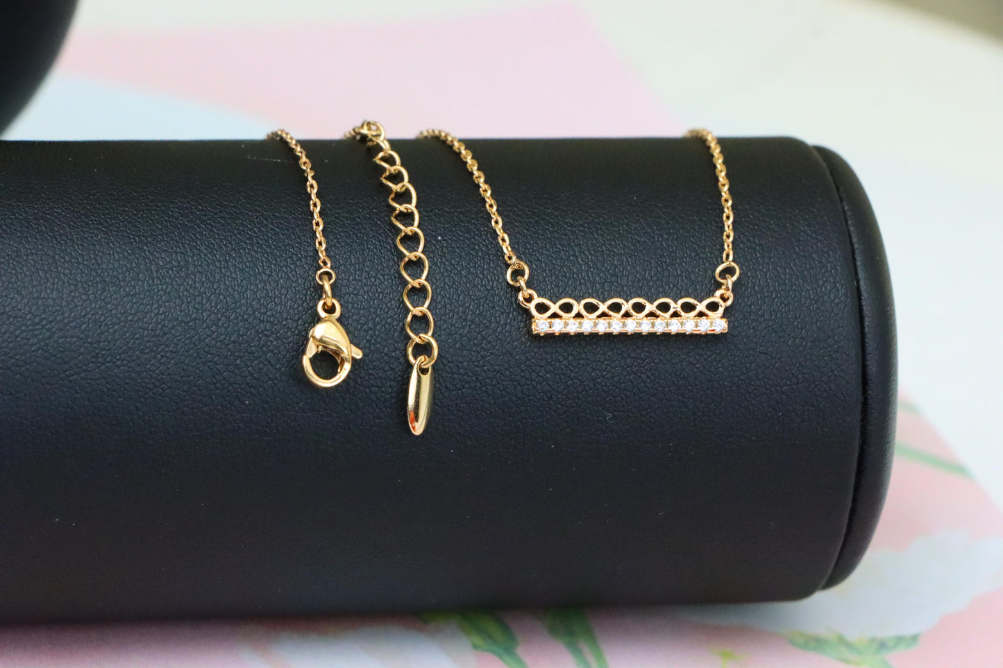 Elegant Rose Gold Bar Necklace with Geometric Crystal Accent, XPNL1895 (2160-8)