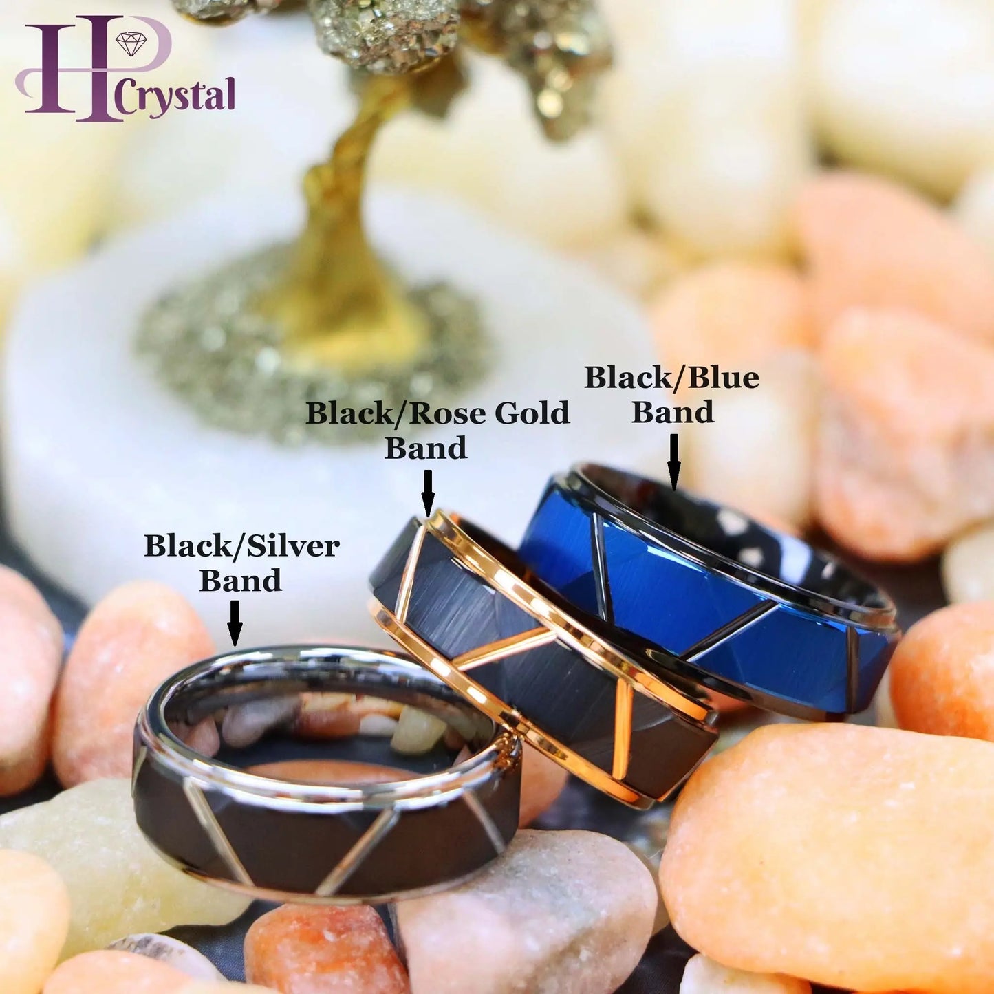 Blue & Black/Black/Rose Gold/Black/Silver IP Plated Trapezoids Stepped Edge Tungsten Ring