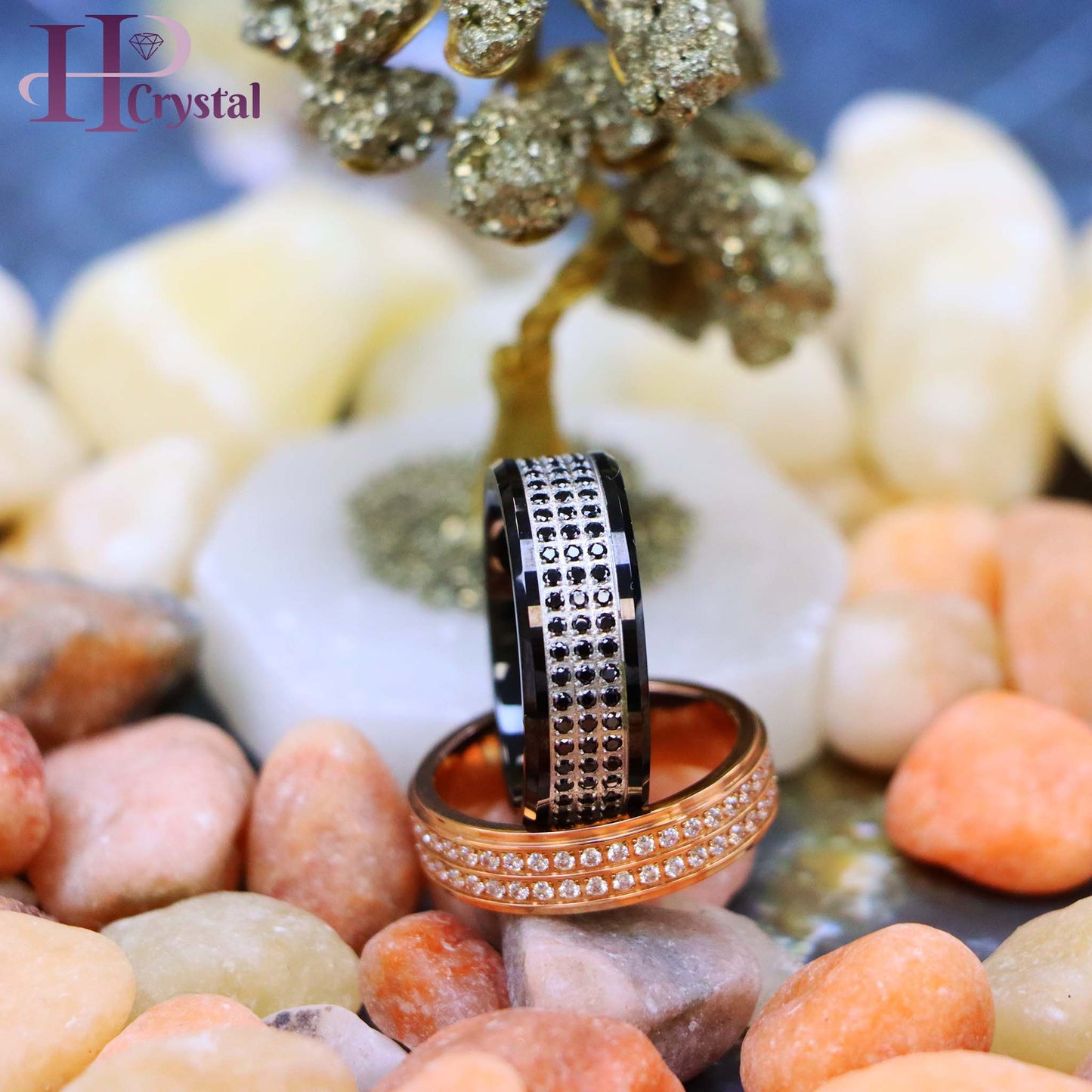 Titanium Rose Gold Eternity Ring with White CZ - Women's Jewelry | Black CZ Tungsten Eternity Ring for Men - Black IP Plated - Perfect for Weddings (MARET035)