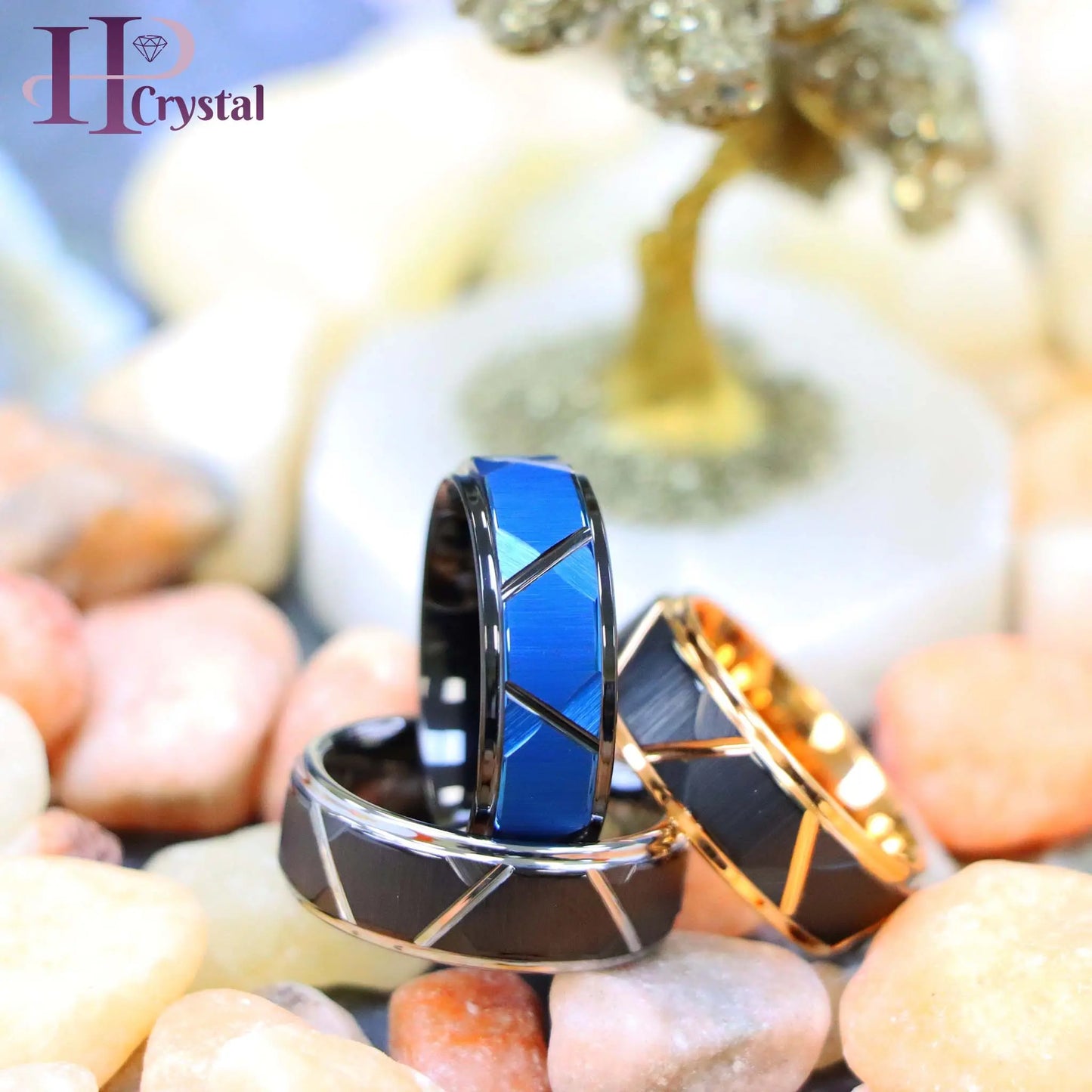 Blue & Black/Black/Rose Gold/Black/Silver IP Plated Trapezoids Stepped Edge Tungsten Ring