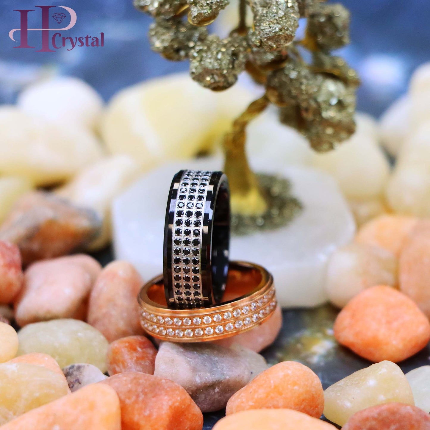 Titanium Rose Gold Eternity Ring with White CZ - Women's Jewelry | Black CZ Tungsten Eternity Ring for Men - Black IP Plated - Perfect for Weddings (MARET035)