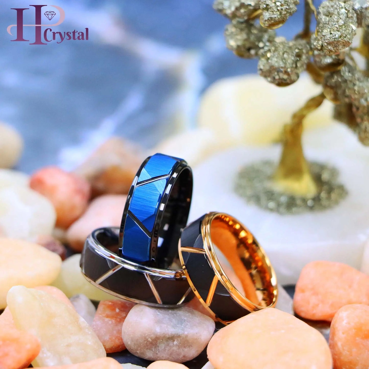Blue & Black/Black/Rose Gold/Black/Silver IP Plated Trapezoids Stepped Edge Tungsten Ring
