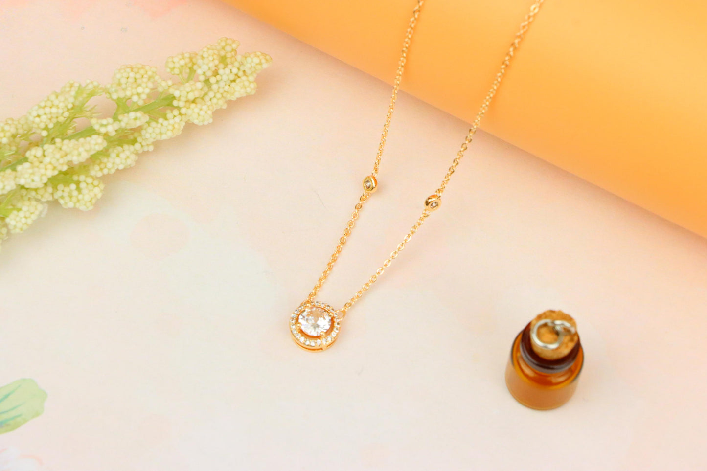 Elegant Round Solitaire Rose Gold Necklace with Sparkling Halo, XPNL1897 (2160-10)