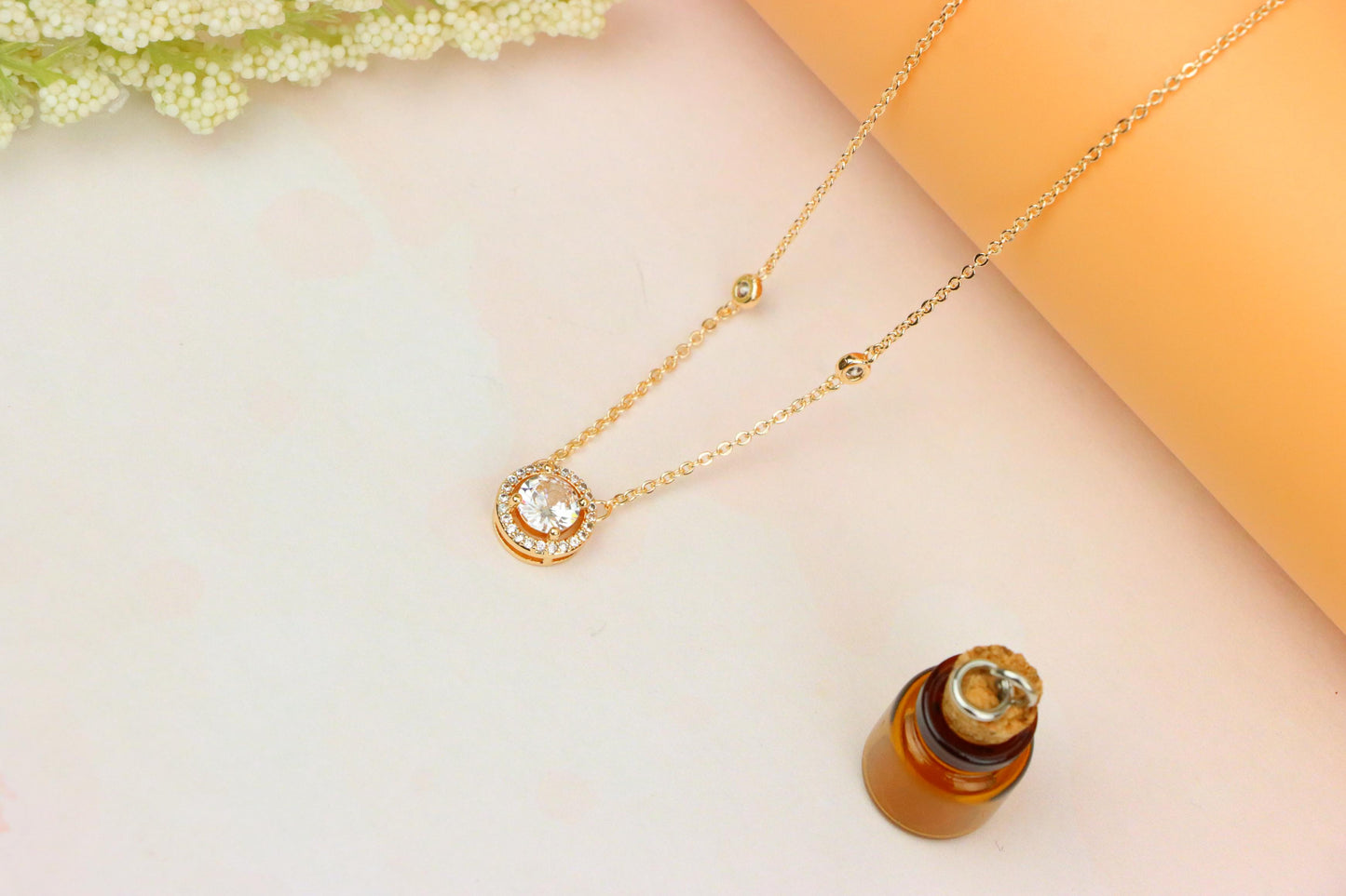 Elegant Round Solitaire Rose Gold Necklace with Sparkling Halo, XPNL1897 (2160-10)