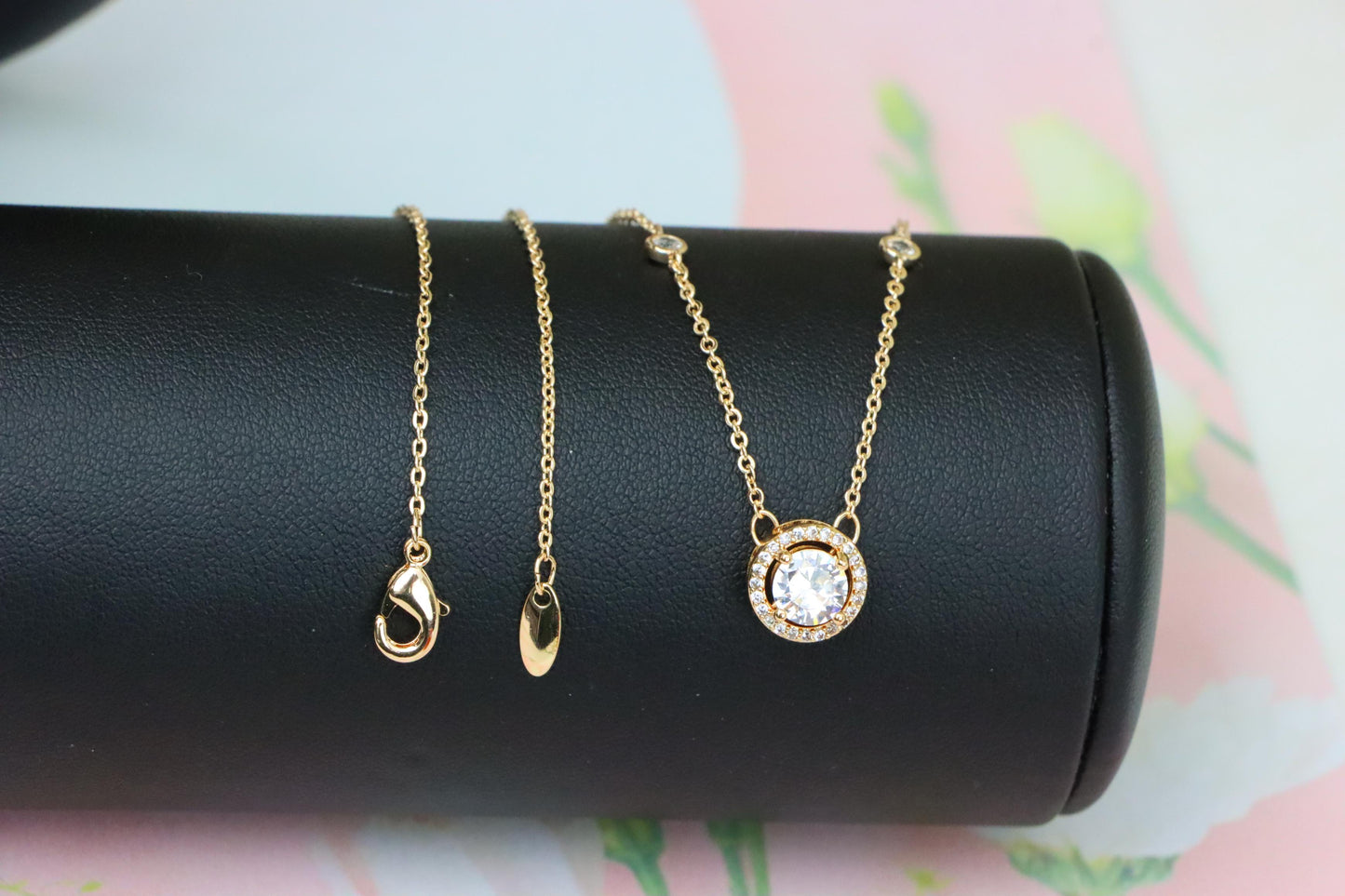 Elegant Round Solitaire Rose Gold Necklace with Sparkling Halo, XPNL1897 (2160-10)