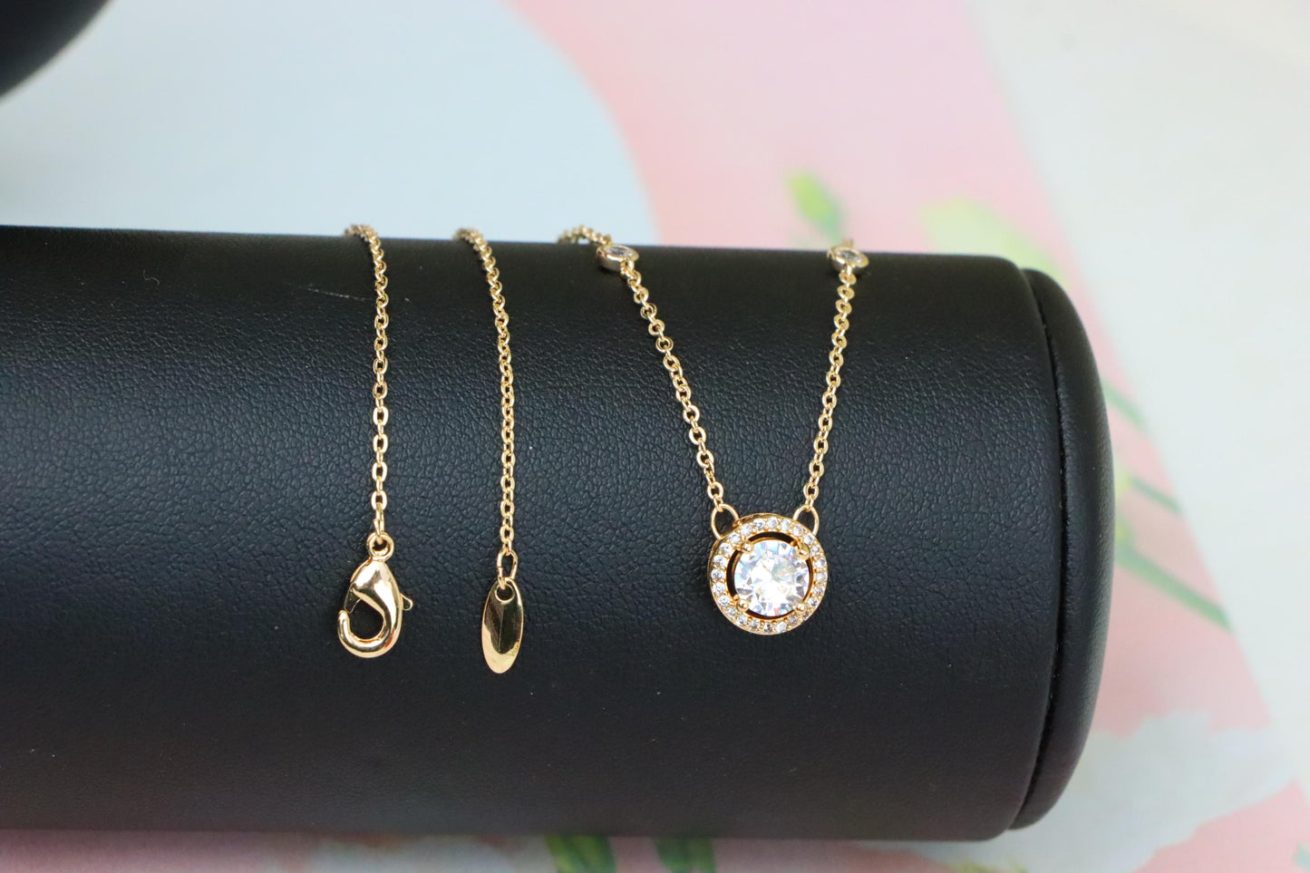Elegant Round Solitaire Rose Gold Necklace with Sparkling Halo, XPNL1897 (2160-10)