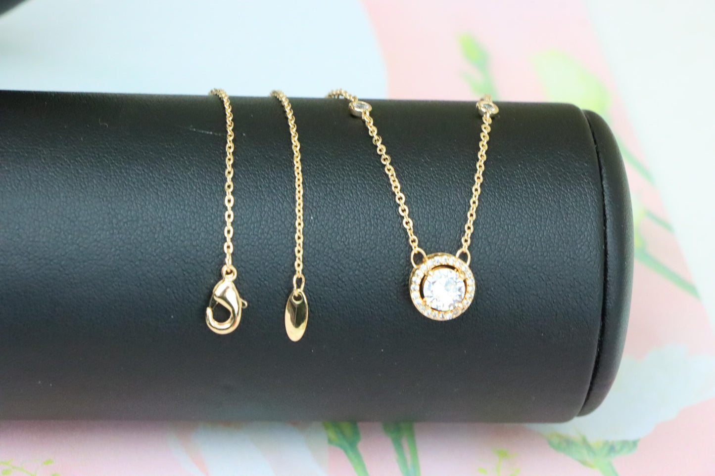 Elegant Round Solitaire Rose Gold Necklace with Sparkling Halo, XPNL1897 (2160-10)