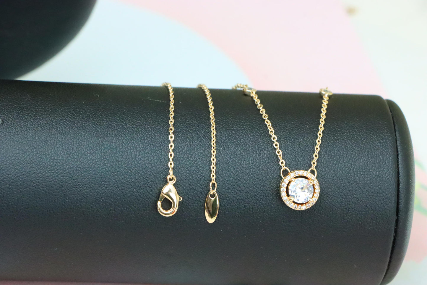 Elegant Round Solitaire Rose Gold Necklace with Sparkling Halo, XPNL1897 (2160-10)