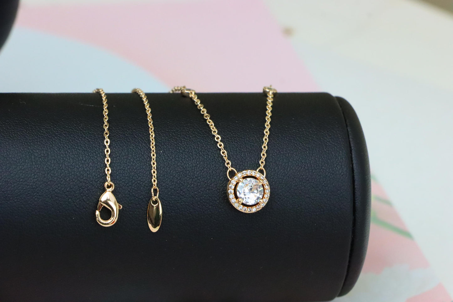 Elegant Round Solitaire Rose Gold Necklace with Sparkling Halo, XPNL1897 (2160-10)