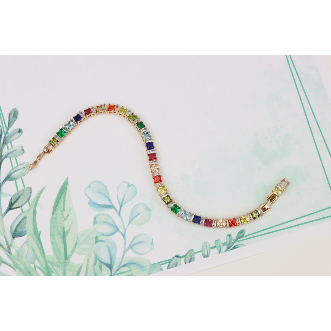 Rainbow CZ Rose Gold Bracelet with Square Cut Stones, Vibrant Style, XPBL0742 (2075-1)