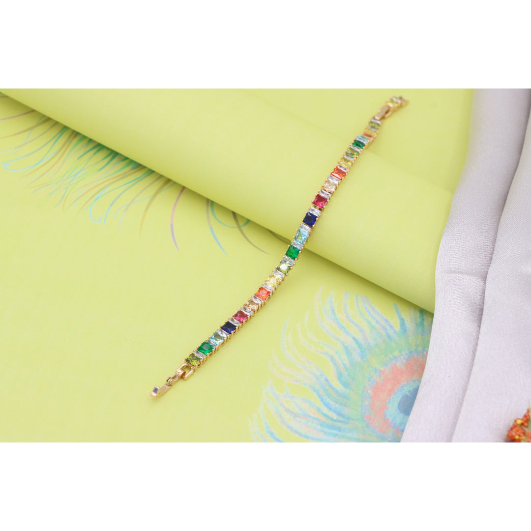 Rainbow CZ Rose Gold Bracelet with Square Cut Stones, Vibrant Style, XPBL0742 (2075-1)