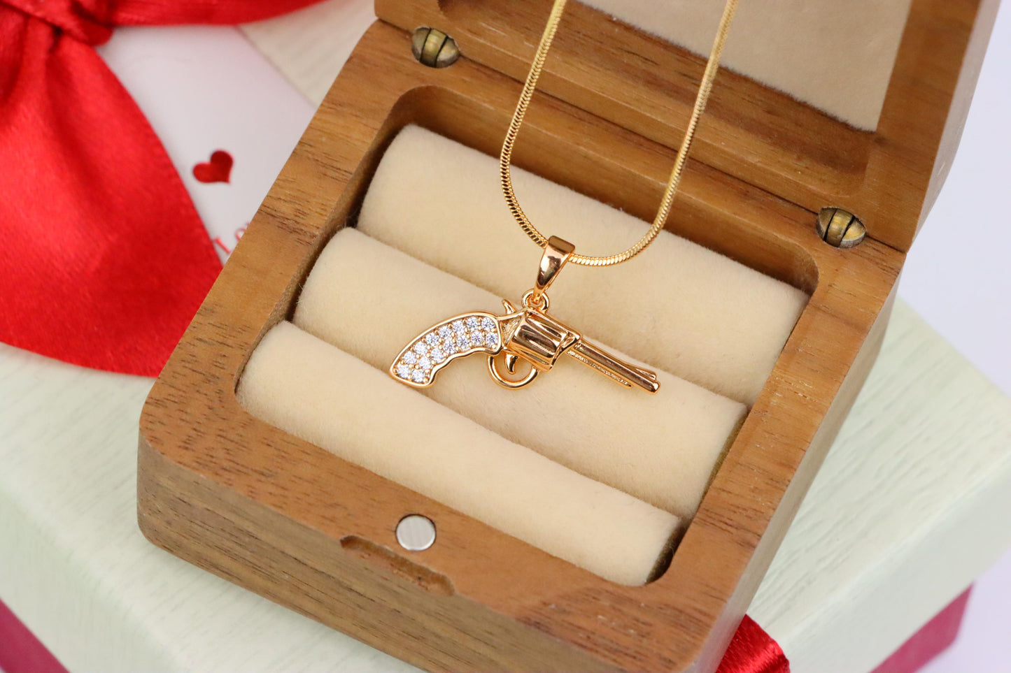 Rose Gold Gun Pendant with CZ Grip Bold Stylish Charm, XPPT1438 (2136-2)