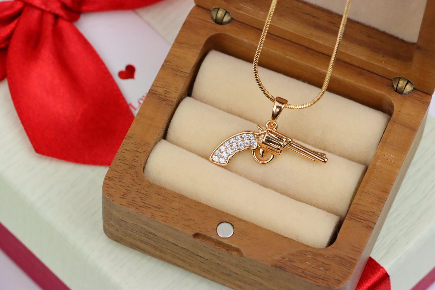Rose Gold Gun Pendant with CZ Grip Bold Stylish Charm, XPPT1438 (2136-2)