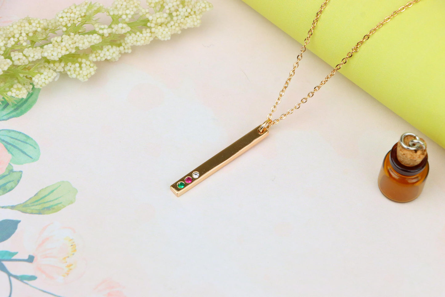 Rose Gold Bar Necklace with Colorful Stones – Elegant Finish, XPNL1898 (2161-1)