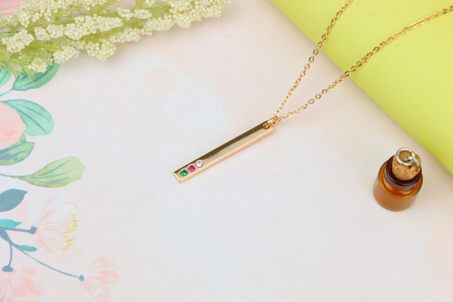 Rose Gold Bar Necklace with Colorful Stones – Elegant Finish, XPNL1898 (2161-1)