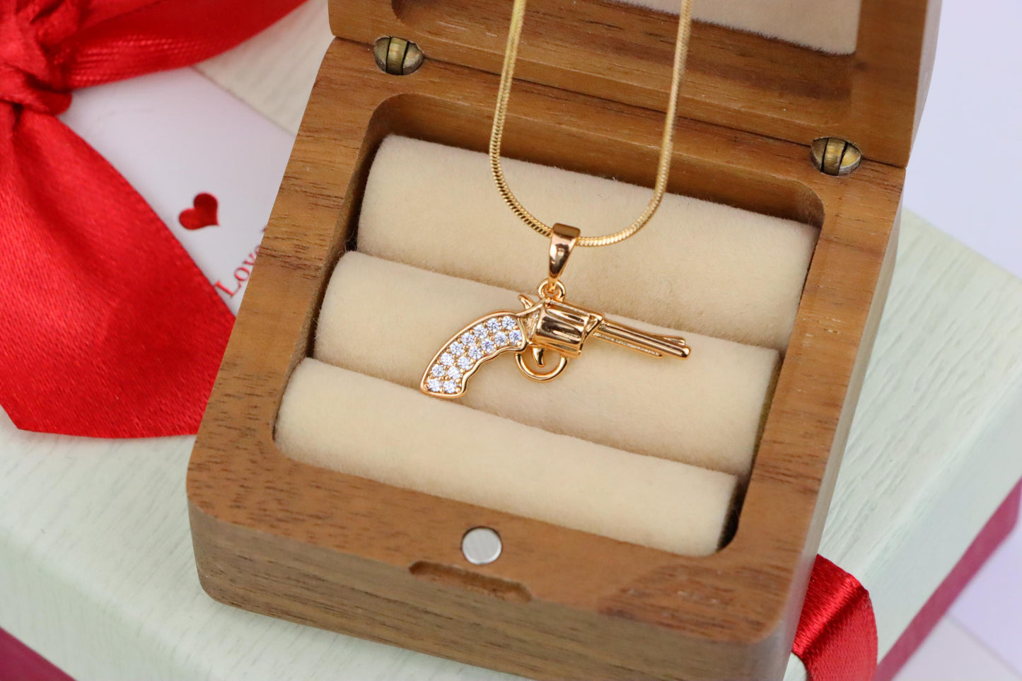Rose Gold Gun Pendant with CZ Grip Bold Stylish Charm, XPPT1438 (2136-2)