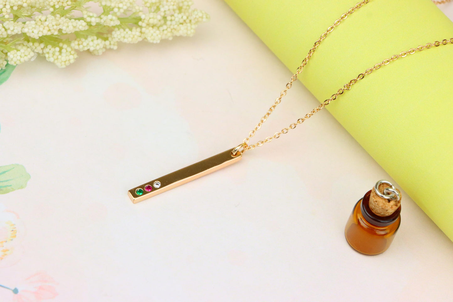 Rose Gold Bar Necklace with Colorful Stones – Elegant Finish, XPNL1898 (2161-1)