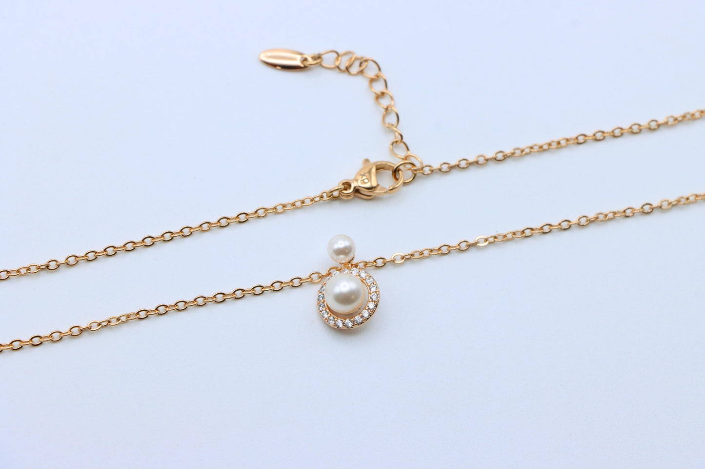 Elegant Dual Pearl Rose Gold Necklace with Sparkling Halo Circle, XPNL1899 (2161-2)
