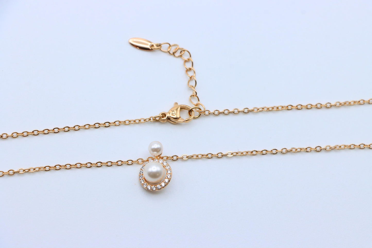 Elegant Dual Pearl Rose Gold Necklace with Sparkling Halo Circle, XPNL1899 (2161-2)