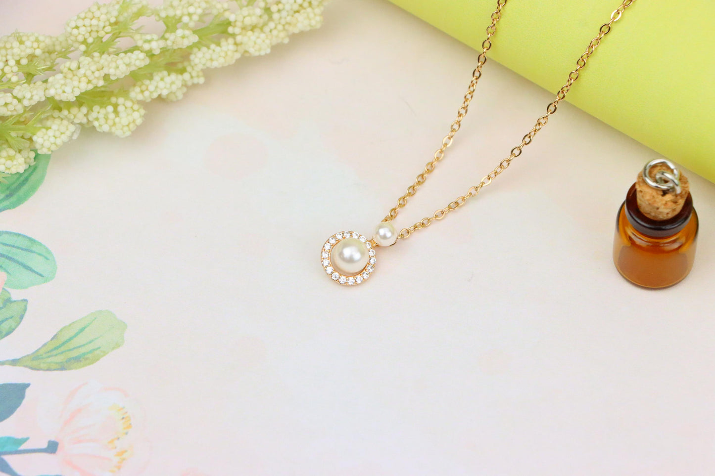 Elegant Dual Pearl Rose Gold Necklace with Sparkling Halo Circle, XPNL1899 (2161-2)