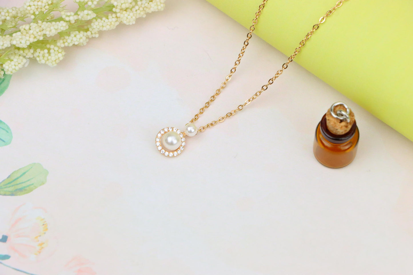 Elegant Dual Pearl Rose Gold Necklace with Sparkling Halo Circle, XPNL1899 (2161-2)