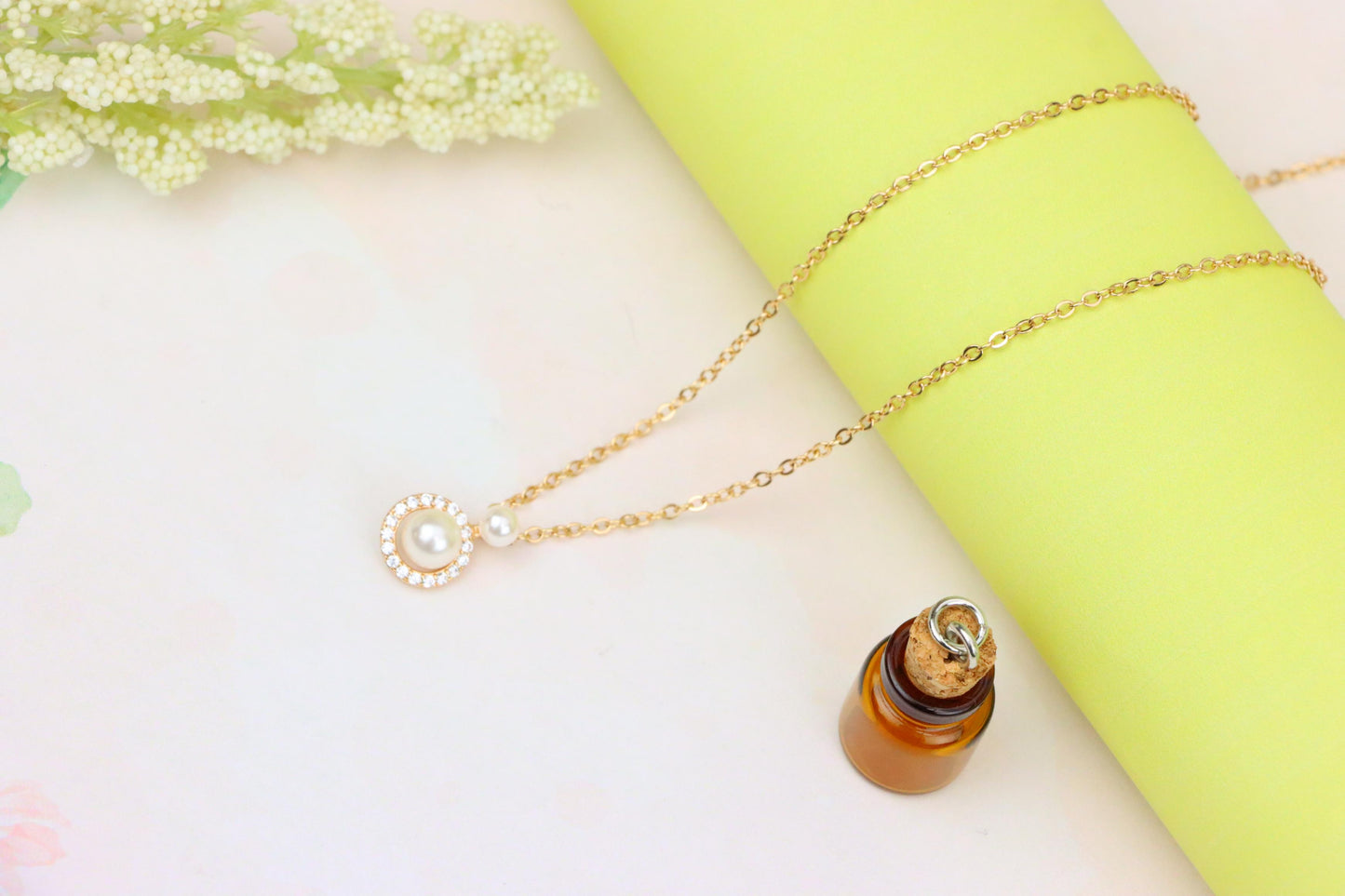 Elegant Dual Pearl Rose Gold Necklace with Sparkling Halo Circle, XPNL1899 (2161-2)