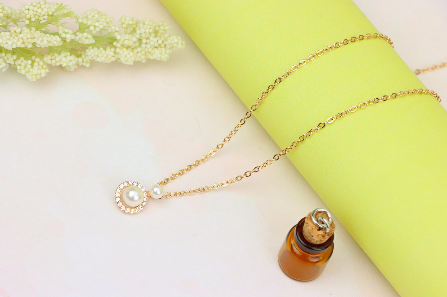 Elegant Dual Pearl Rose Gold Necklace with Sparkling Halo Circle, XPNL1899 (2161-2)