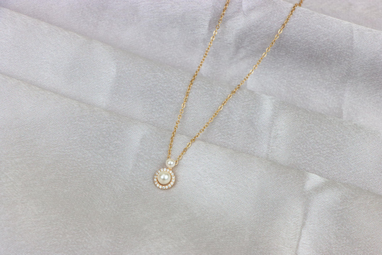 Elegant Dual Pearl Rose Gold Necklace with Sparkling Halo Circle, XPNL1899 (2161-2)