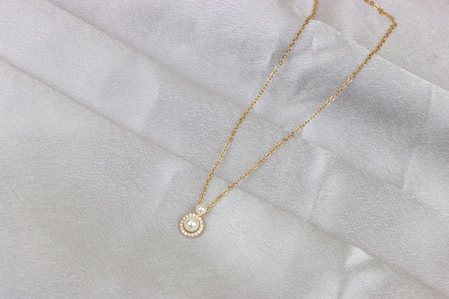Elegant Dual Pearl Rose Gold Necklace with Sparkling Halo Circle, XPNL1899 (2161-2)