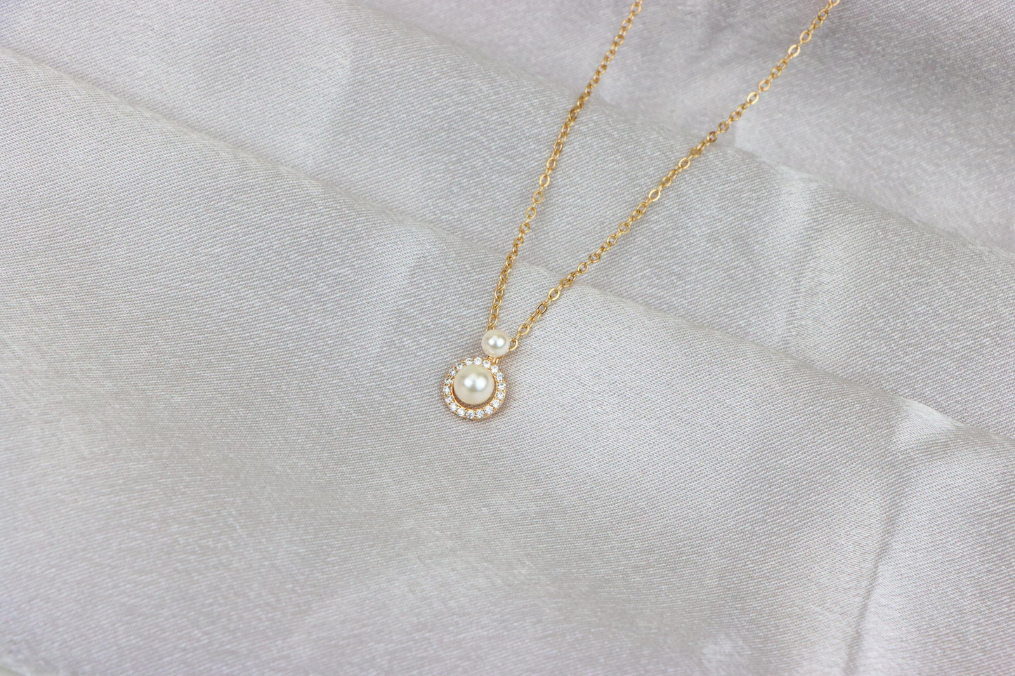 Elegant Dual Pearl Rose Gold Necklace with Sparkling Halo Circle, XPNL1899 (2161-2)