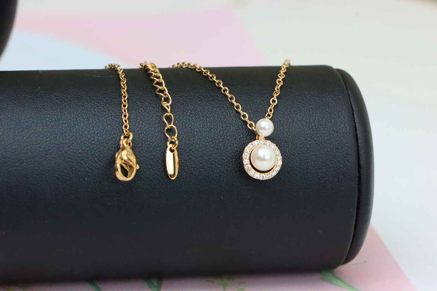 Elegant Dual Pearl Rose Gold Necklace with Sparkling Halo Circle, XPNL1899 (2161-2)