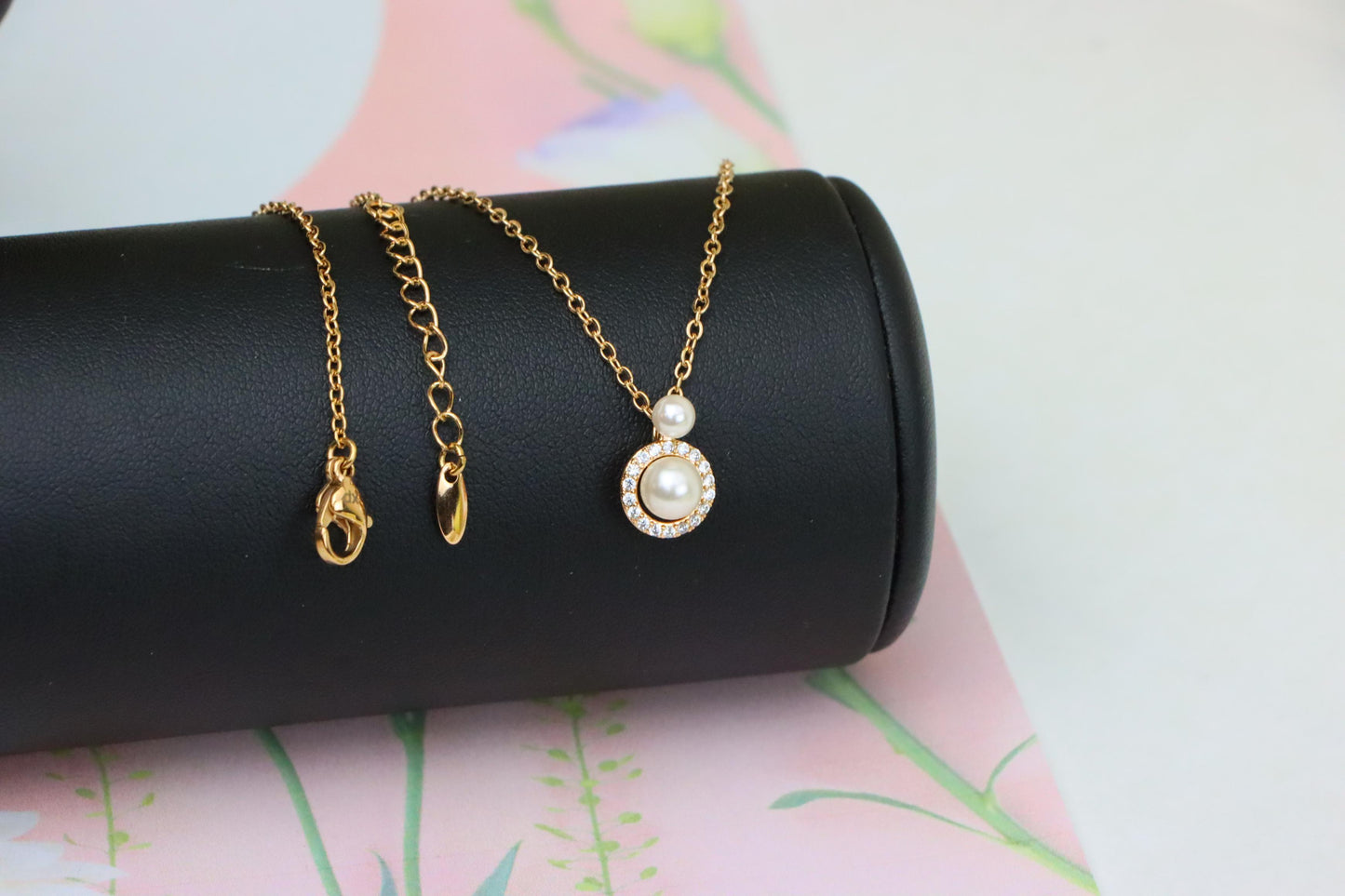 Elegant Dual Pearl Rose Gold Necklace with Sparkling Halo Circle, XPNL1899 (2161-2)