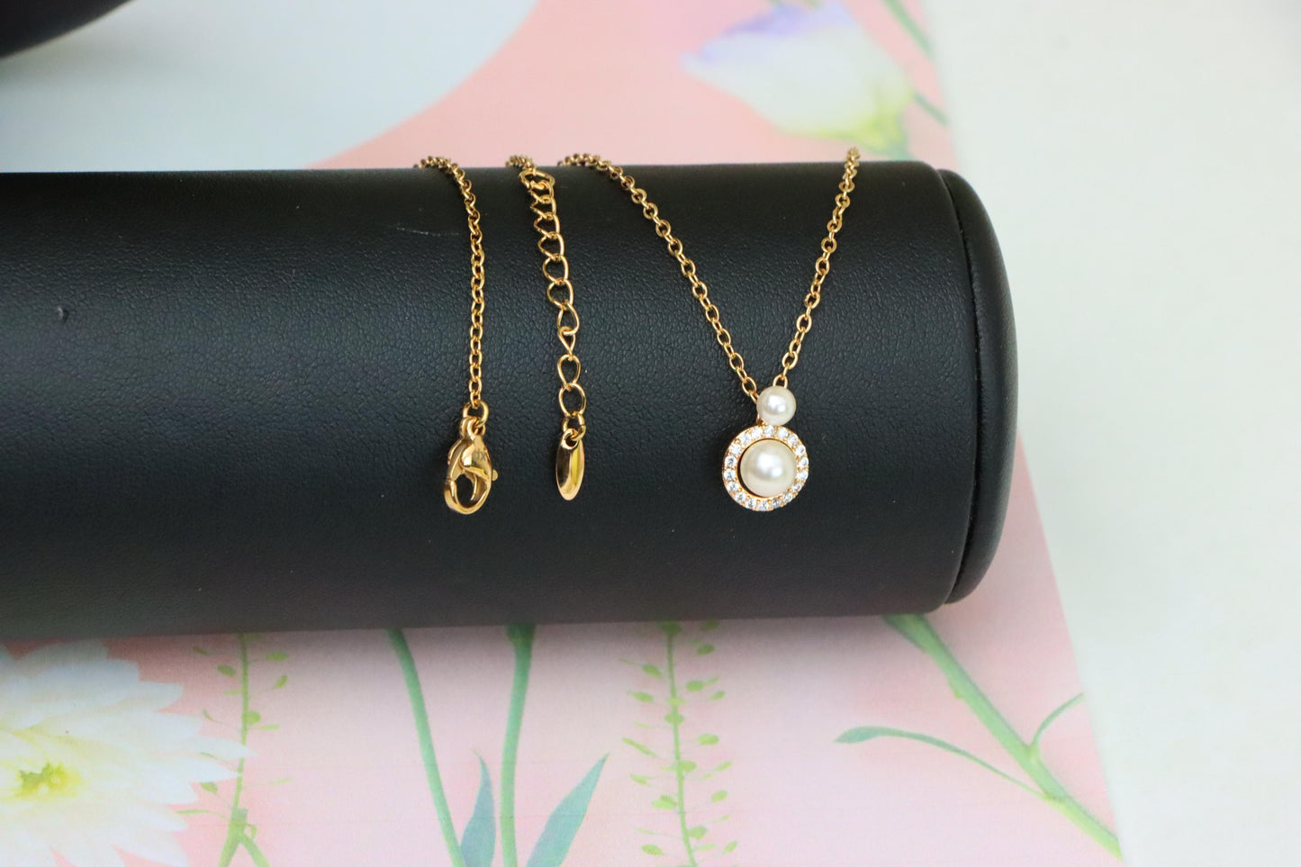 Elegant Dual Pearl Rose Gold Necklace with Sparkling Halo Circle, XPNL1899 (2161-2)