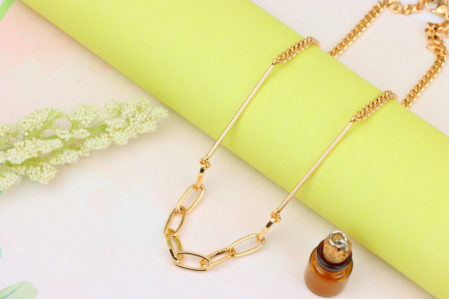 Trendy Rose Gold Chain Link Necklace with Polished Bar Detail, XPNL1900 (2161-3)