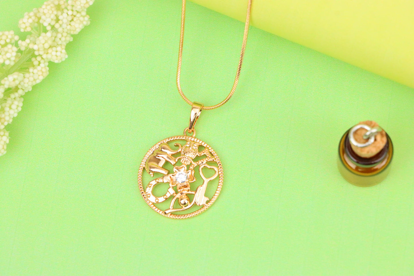 Round Rose Gold Pendant with Religious Motifs and Center Stone, XPPT1442 (2136-6)