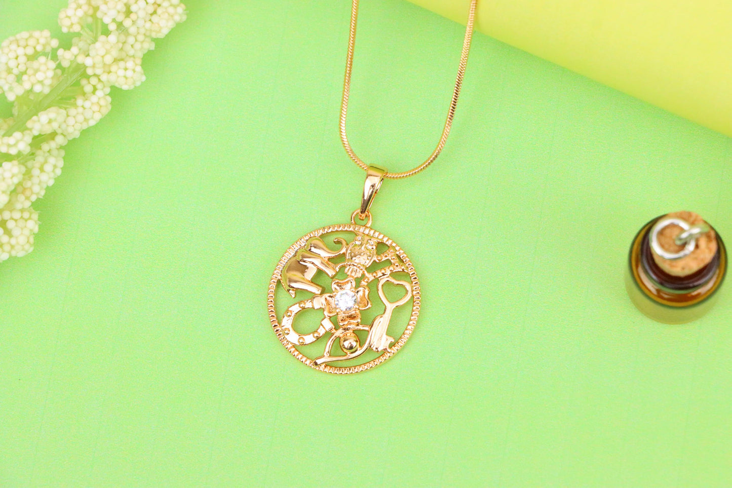 Round Rose Gold Pendant with Religious Motifs and Center Stone, XPPT1442 (2136-6)